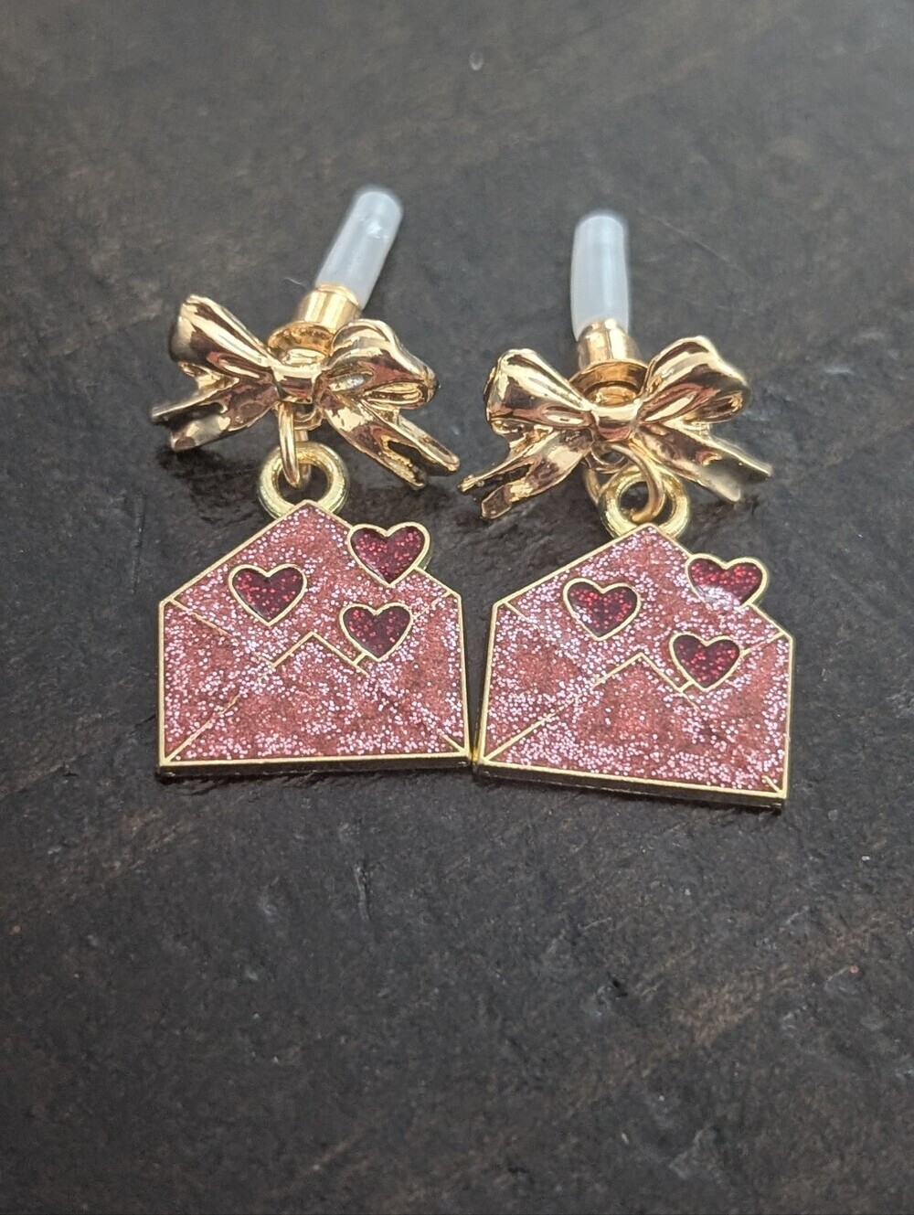 Coquette Bow Stud Earring , Enameled Heart Love Envelop Dangle Ear - Picture 8 of 8